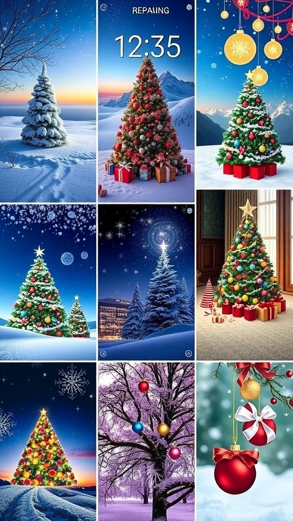 A selection of 3D Christmas wallpapers for iPhone, including snowy scenes and decorated trees.